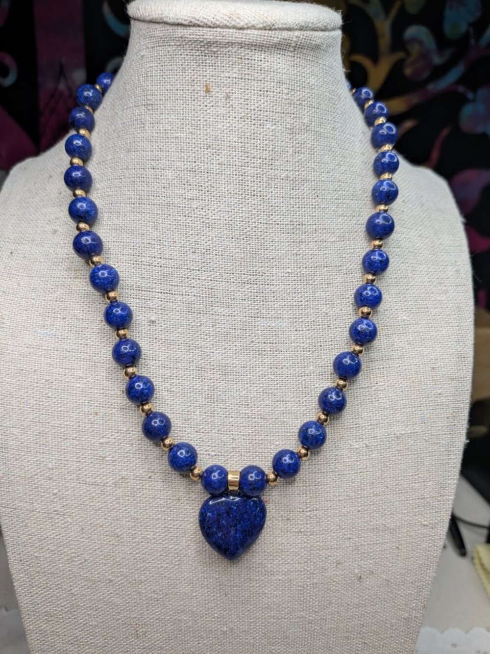 Lapis Lazuli Bead Necklace with Heart Pendant Gold Tone Accents